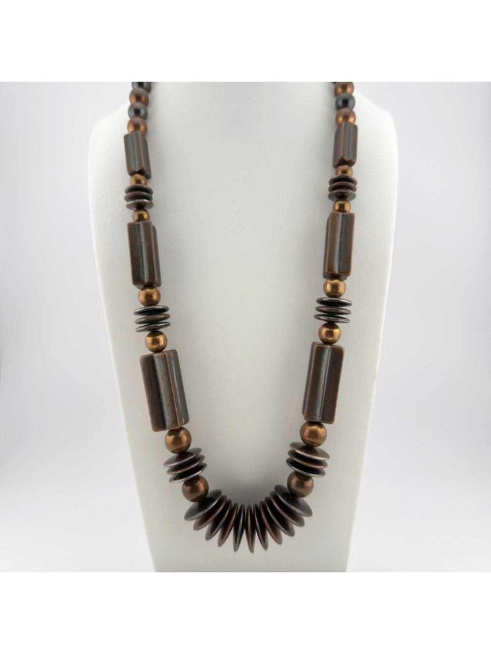 Vintage Bronze Modernist Statement Beaded Necklace Geometric Artisan Boho